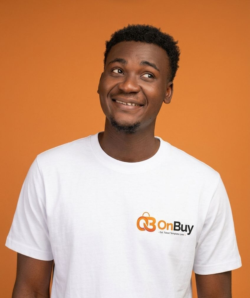 Happy OnBuy customer wearing a branded t-shirt